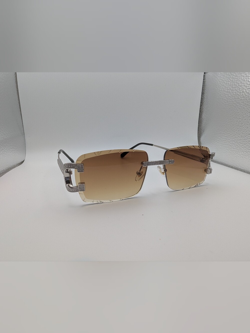 Moissanite Iced Out Rimless Sunglasses C Decor Silver Brown Tinted Lens